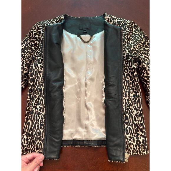 J. Crew Collection Calf Hair Leopard Print Leather Collarless Jacket Size 2 - Picture 15 of 16